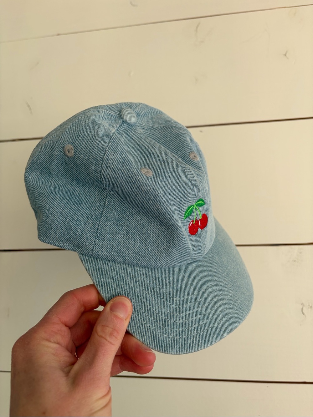 Light Wash Denim Cherry Embroidered Baseball Cap Rey to Z
